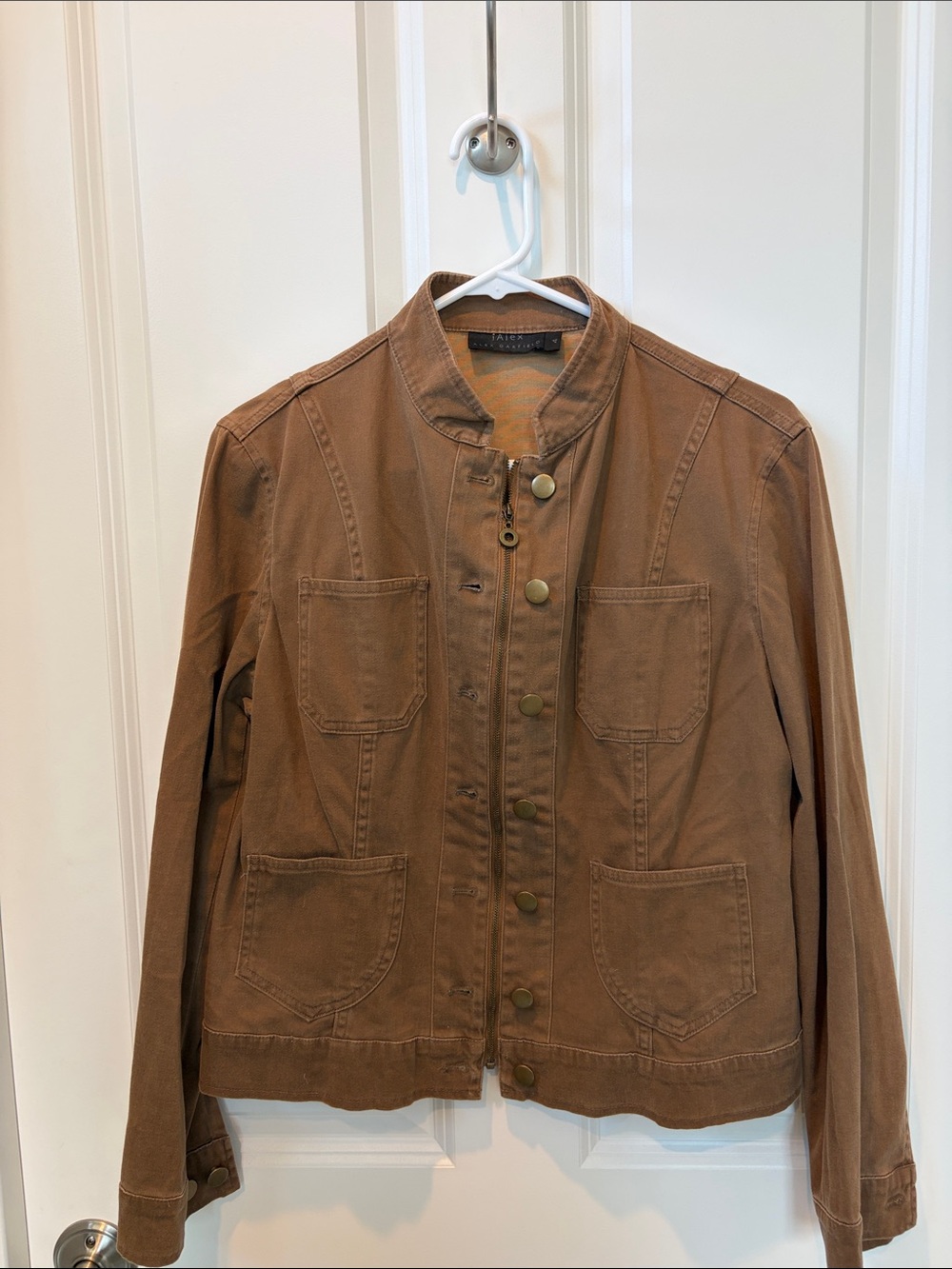 Women’s Brown Military-Style Field Jacket with Front Zip or Button Closure
